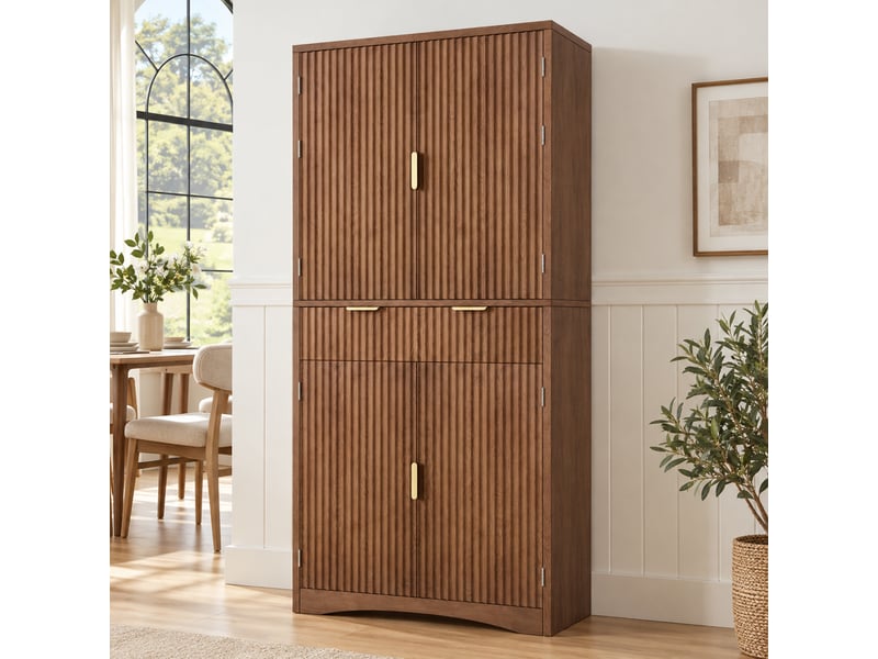 Buffet haut de cuisine 76 x 40 x 180 cm effet noyer, façades rainurées, portes, tiroirs et étagères réglables pour la cuisine, pour cuisine et séjour - Conforama B