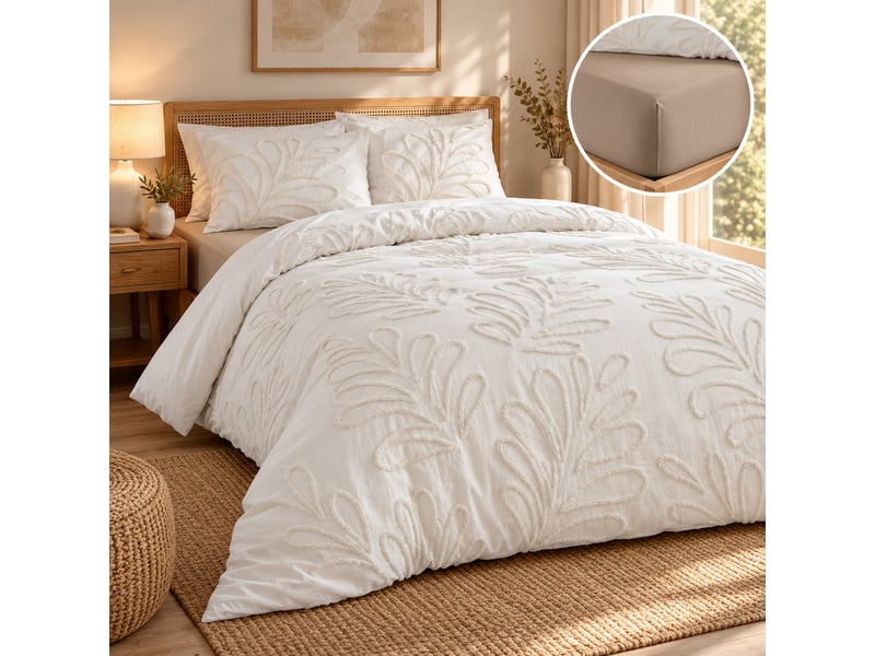  Parure de lit 240 x 220 cm 100% coton tufté anouk + drap housse 140 x 190 cm sable  - Conforama A