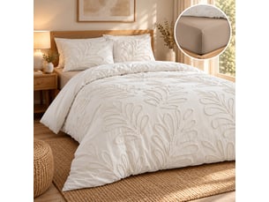Parure de lit 240 x 220 cm 100% coton tufté anouk + drap housse 140 x 190 cm sable