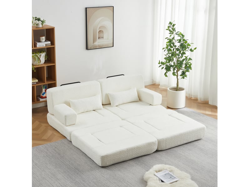  Canapé-lit modulable 2 places en chenille – beige – convertible 2-en-1, dossier haut et structure en métal  - Conforama E