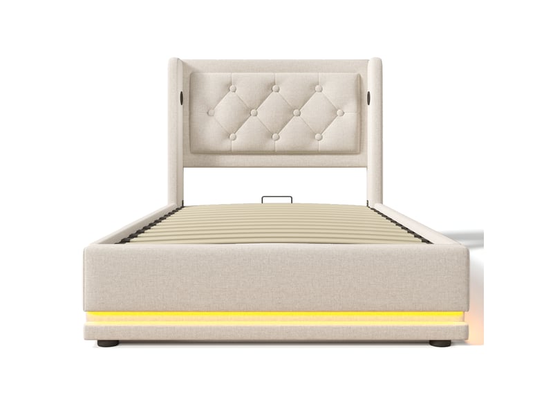  Lit rembourré 90x200 cm - usb-c - led - 2 tiroirs - gris avec matelas  - Conforama A