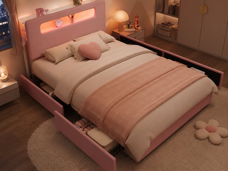  Lit rembourré 140 x 200 cm, avec 4 tiroirs latéraux, tête avec rangement, étagères + led via appli, rose  - Conforama B