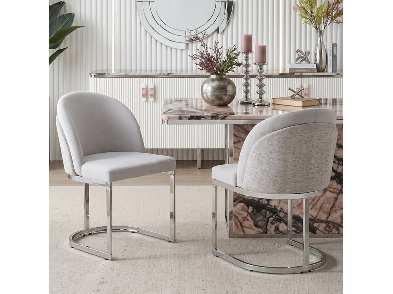  Lot de 6 chaises de salle à manger avec dossier double et pieds en métal galvanisé, tissu chenille gris clair et argenté  - Conforama E