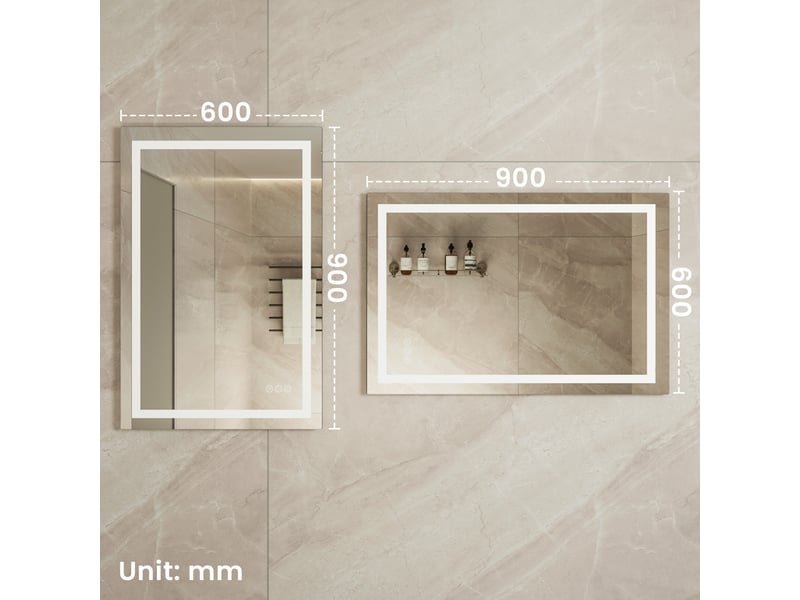  Miroir led 90 x 60 cm, miroir maquillage lumineux rectangulaire, luminosité réglable, 3 couleurs 3000k4500k6000k, fonction antibuée, miroir mural  - Conforama E