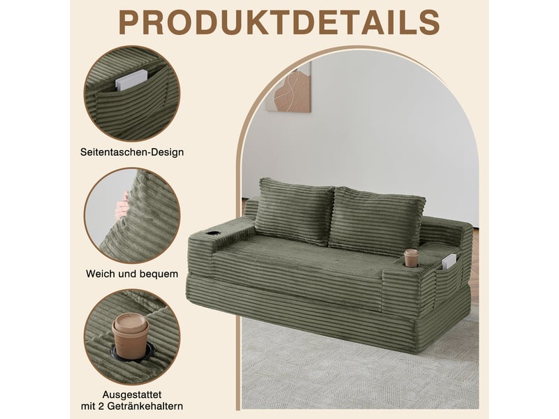  Canapé convertible 2-en-1 en velours côtelé 2 places, 2 coussins inclus, porte-gobelets, rangements latéraux  - Conforama R