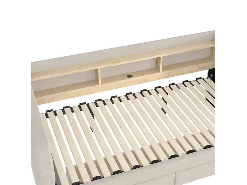  Lit enfant gigogne 90x190 cm avec led, 2 tiroirs, style minimaliste moderne, usb‑c velours beige sans matelas  - Conforama E