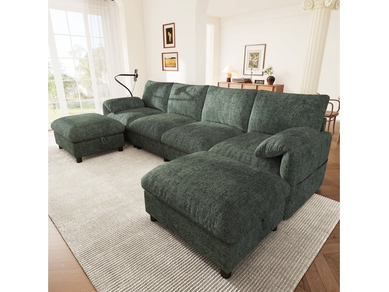  Canapé d'angle modulable 6 places avec 2 poufs de rangement en chenille verte  - Conforama B