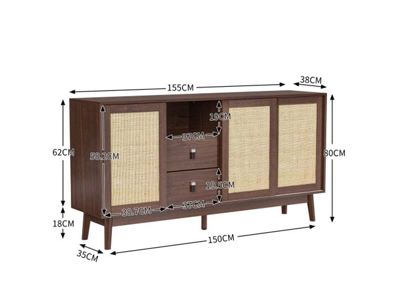  Buffet de cuisine, 155 x 38 x 80 cm, 3 portes coulissantes en rotin 2 tiroirs, vaisselier, meuble de rangement  - Conforama C