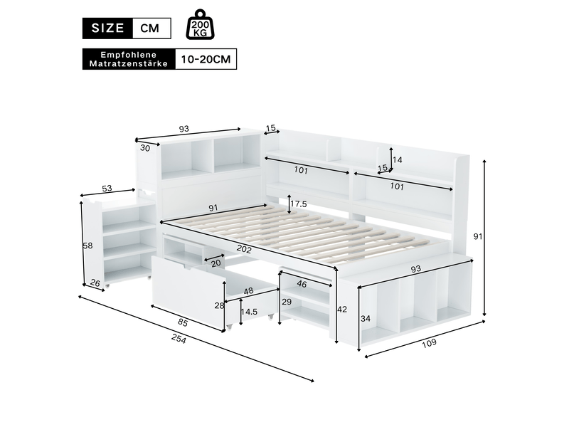  Lit enfant multifonctionnel 90x200 cm rangement tiroirs bibliothèques sommier à lattes contreplaqué blanc sans matelas  - Conforama C