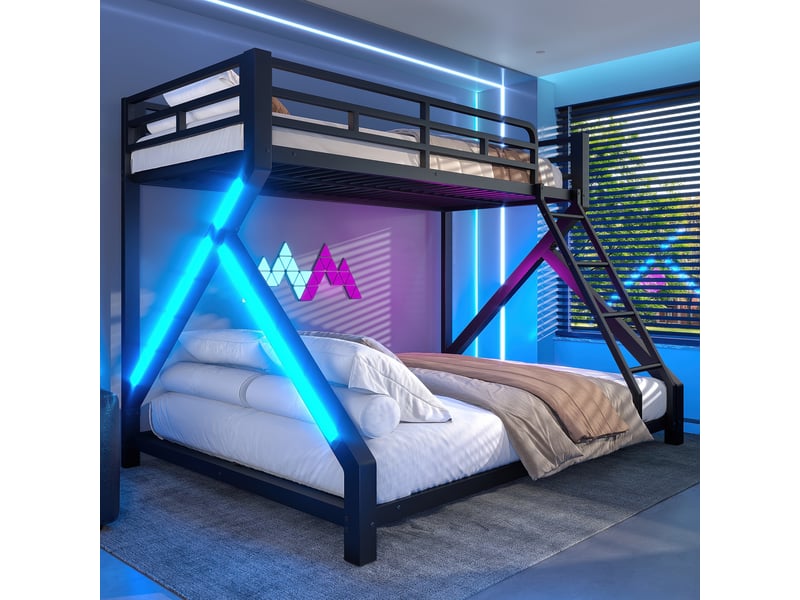  Lit superposé en métal noir 90 x 200 et 140 x 200 cm avec éclairage led, échelle et barrières pour chambre enfant  - Conforama E
