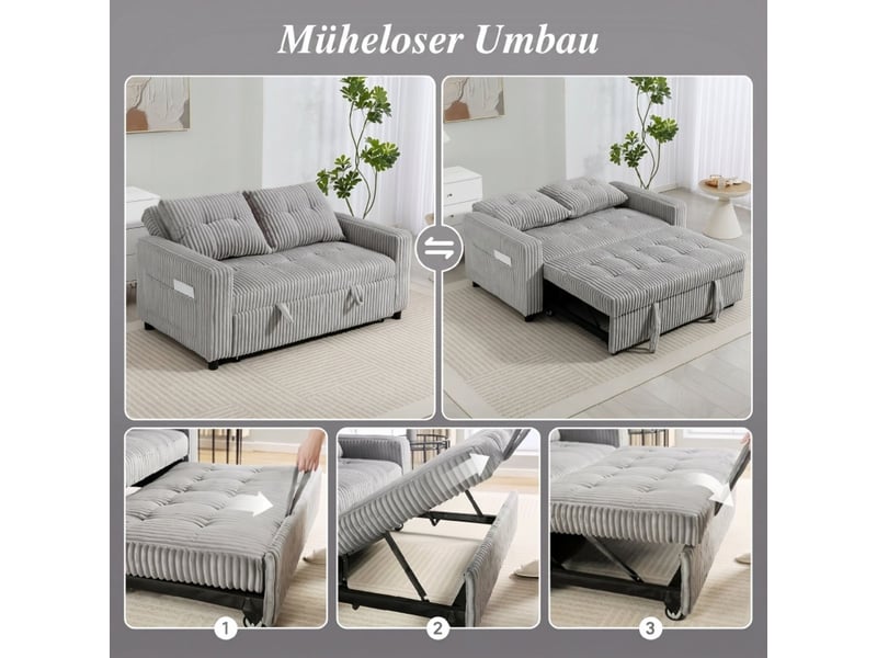 Canapé 2 places 157 x 190 cm revêtement en cord convertible 2 coussins poches latérales gris clair - Conforama E