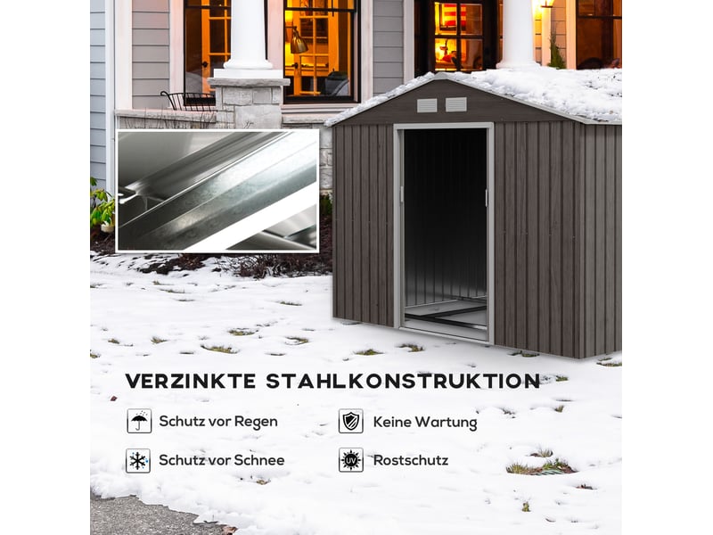  Abri de jardin 277 x 195 x 196 cm en acier avec fondation et portes coulissantes, gris  - Conforama D