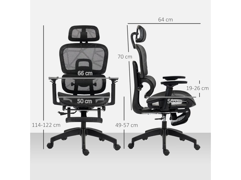  Fauteuil de bureau ergonomique, chaise bureau, maille (100 % polyester), 66x64x122cm, noir  - Conforama E