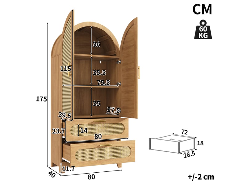  Armoire de cuisine 80x40x175 cm, buffet haut et garde-manger, lot de 2, 2 portes, 2 tiroirs, façade effet rotin, mdf et métal bois naturel OPULERANE TRADING LTD - Conforama C