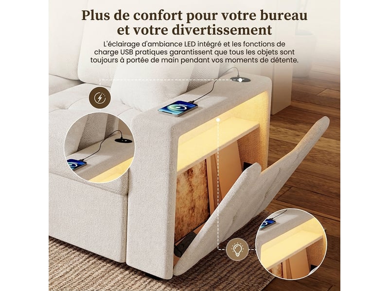  Canapé d'angle modulaire 4 places avec ports usb et usb-c intégrés 253 cm rangement et led  - Conforama R