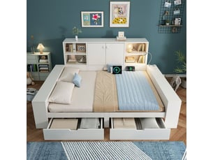 Lit double avec rangement - 140x200 cm - blanc - tiroirs avec roulettes - ports usbusb-c - espace de rangement 35 cm - mdf et contreplaqué
