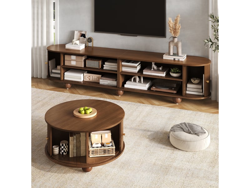 Ensemble salon meuble tv 180x35x45 cm et table basse ronde 72x72x38 cm avec portes coulissantes, rangements en mdf noyer BUYDEEMEUS - Conforama C