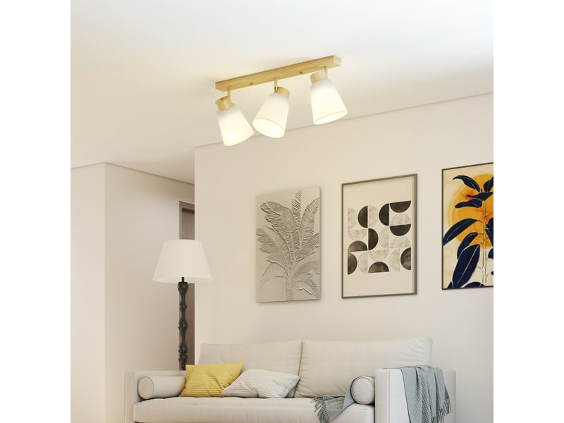  Plafonnier,55x13x20 cm,meulva,3 spots orientables,verre crème,effet bois naturel  - Conforama E