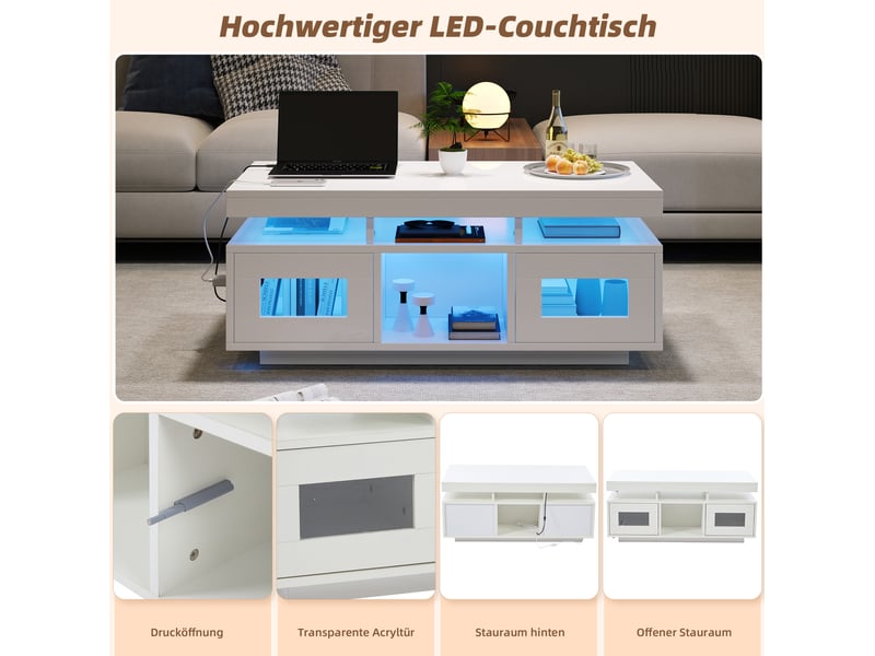  Table basse avec 2 portes, 2 niches, led contrôlée par application, prise et usb pour salon, 100 × 50 × 43 cm  - Conforama E