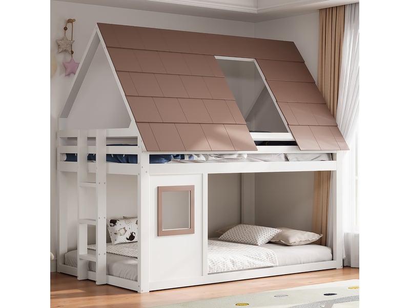  Lit superposé 140x200 cm, lit enfant, 1 sommier, design maison, toit et échelle, mdf et bois, blanc brun, sans matelas  - Conforama D