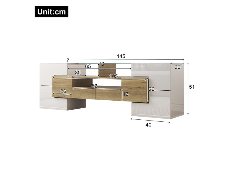  Meuble tv avec 6 portes, 2 tiroirs, 3 niches et led pour salon 145×30×51 cm blanc et doré  - Conforama E