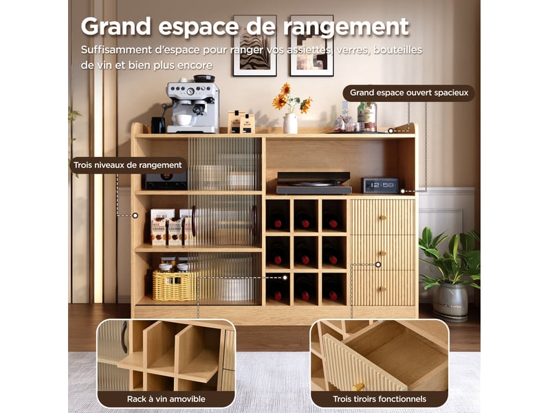 Buffet bas de rangement 120x30x85 cm, avec porte-bouteilles et éclairage led, panneau de particules bois, style épuré - Conforama D