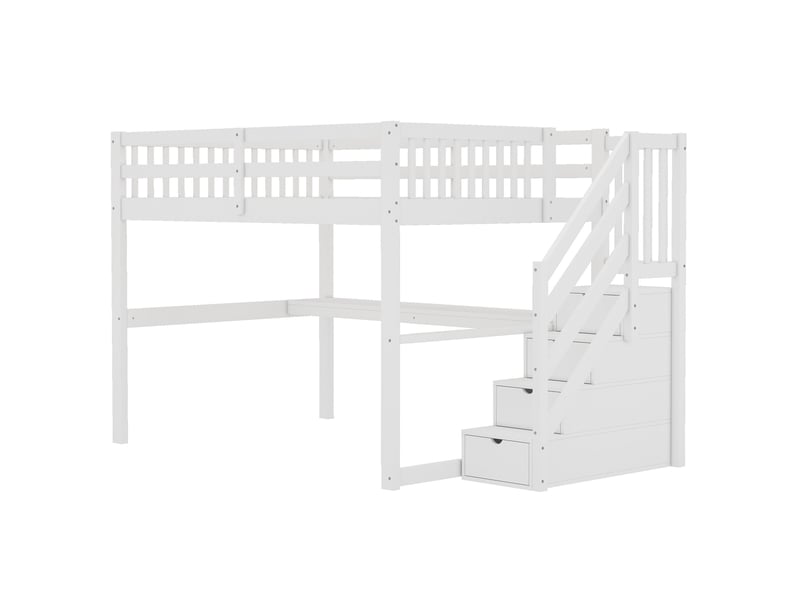  Lit mezzanine enfant 90x200 cm avec escalier de rangement, bureau et garde-corps, sommier inclus, pin, blanc, sans matelas  - Conforama R