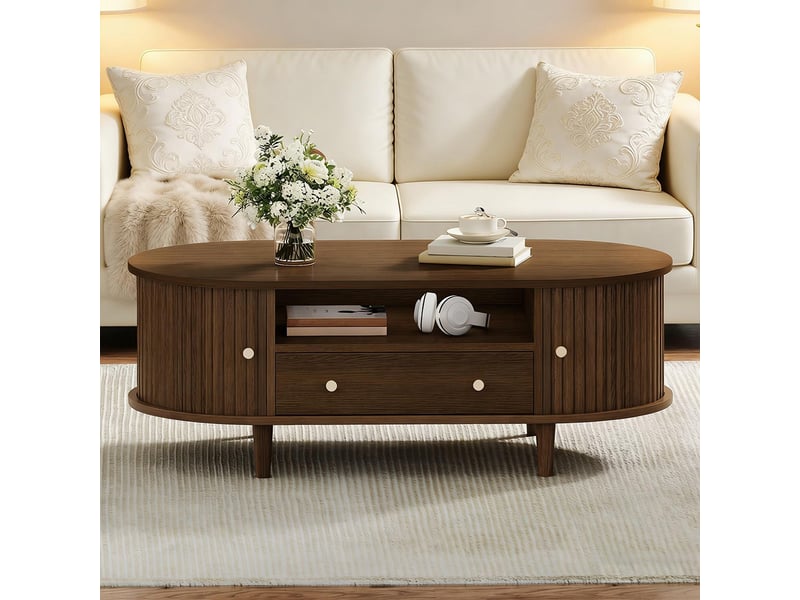 Table basse de salon noyer 100x50x36 cm avec tiroir rangement ouvert et porte coulissante 4 pieds table d'appoint  - Conforama B