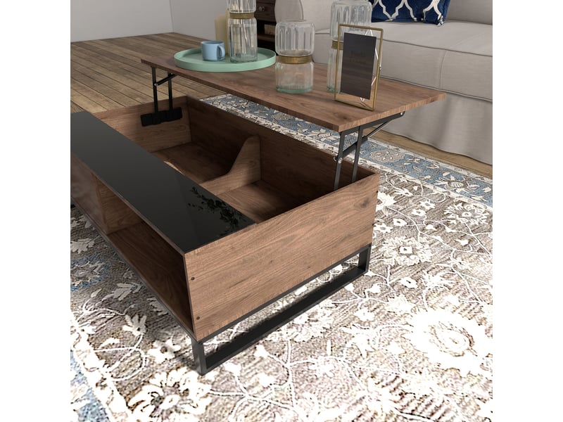  Table basse relevable avec 2 niches, tablette et rangement, style moderne, en contreplaqué et acier, noyer  - Conforama C