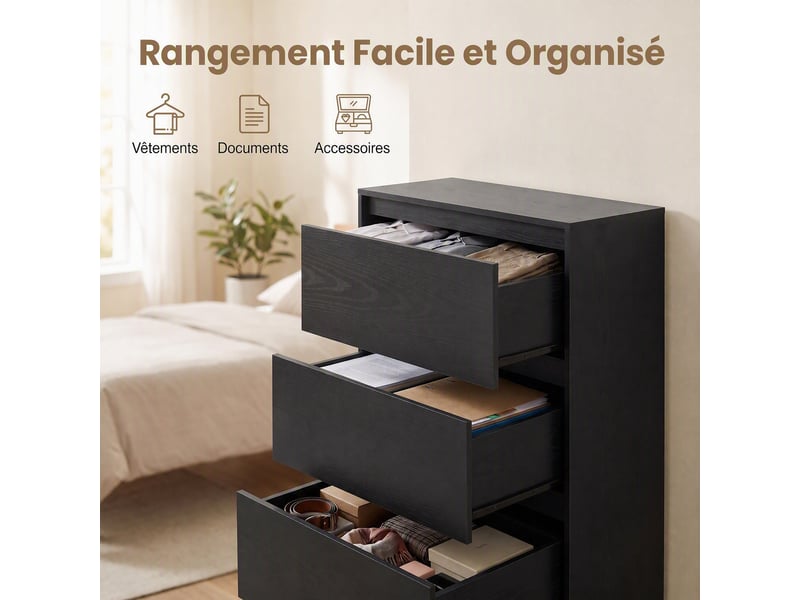  Commode 3 tiroirs sans poignées, meuble de rangement moderne, 60 x 40 x 75 cm, noir  - Conforama C