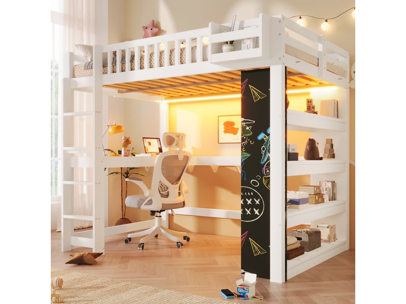 Lit mezzanine, 140 × 200 cm, blanc, bois de pin, rangement intégré, sans matelas, étagères de rangement, bureau intégré - Conforama B