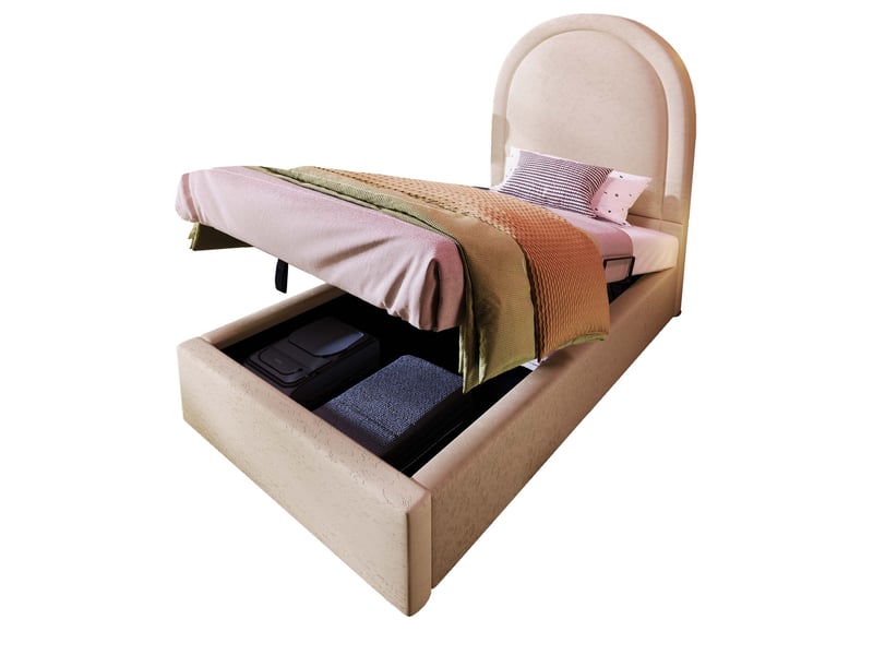  Lit enfant 90 x 190 cm beige en pu, avec coffre relevable, motif cosmique et tête de lit arrondie rembourrée  - Conforama A