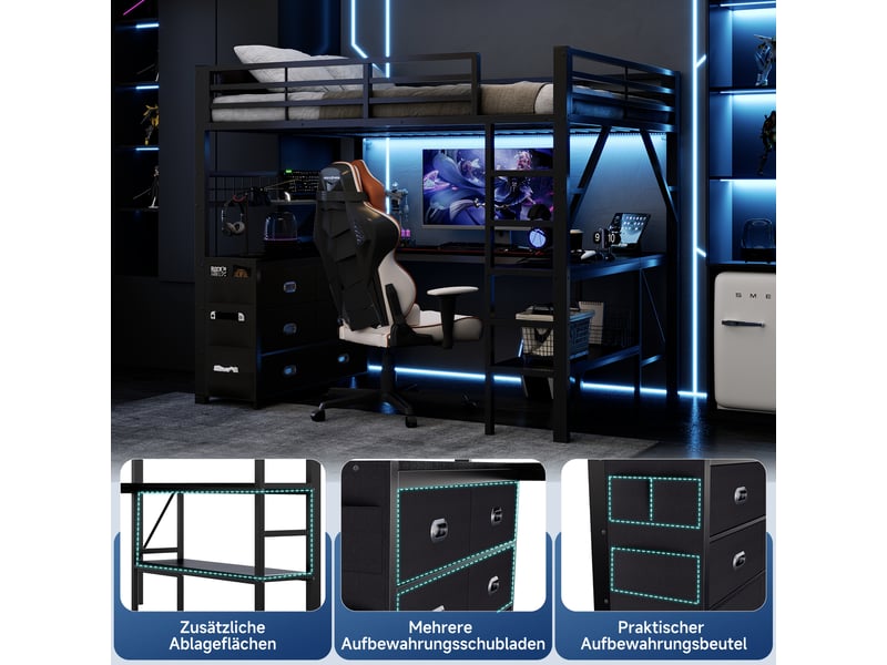 Lit mezzanine gaming en métal 140x200 cm, tiroirs, bureau, étagère, éclairage led, noir - Conforama E