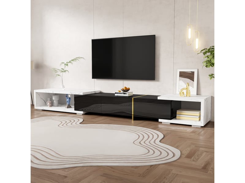  Meuble tv 140x40x30 cm modulable motif marbre avec 3 portes, blanc et doré  - Conforama B