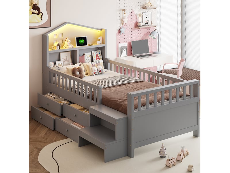 Lit enfant 90x200 cm avec rangements et éclairage led en bois gris  - Conforama C