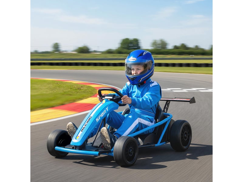  Kart électrique 24 v pour la conduite et le drift, pneus en nylon, ceinture de sécurité, klaxon, musique pour les 8-12 ans, bleu  - Conforama D
