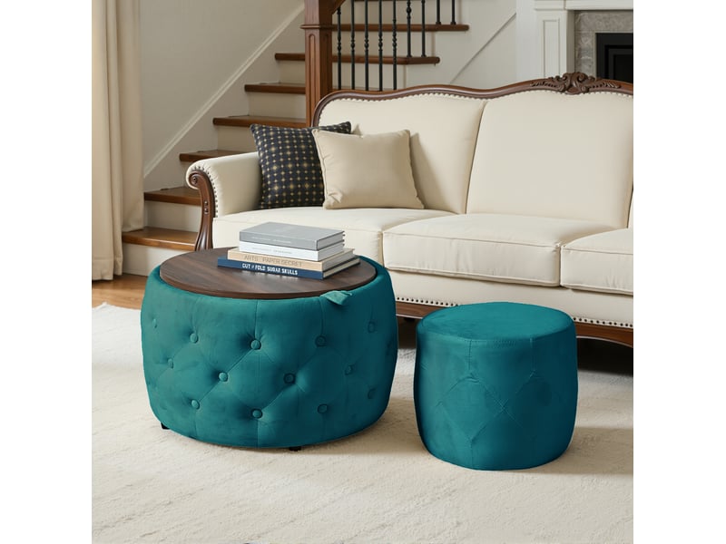  Lot de 2 poufs gigognes 60x38 cm avec rangement en velours bleu  - Conforama B
