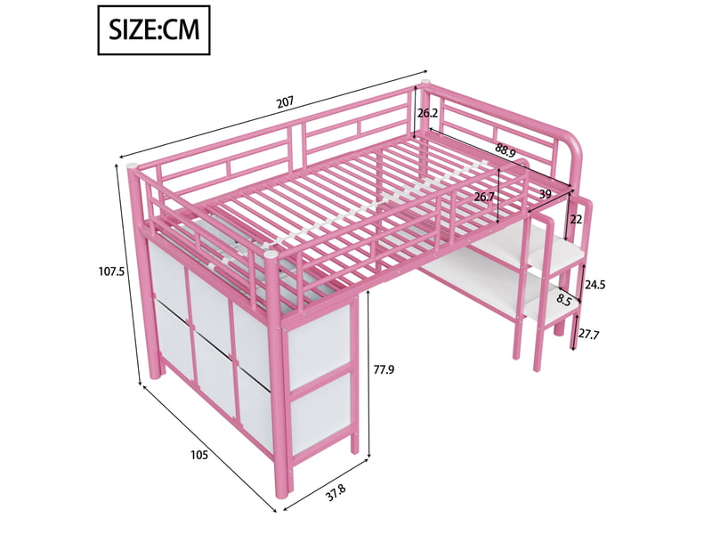  Lit mezzanine enfant bas 90 x 200 cm rose en métal avec rangements  - Conforama E