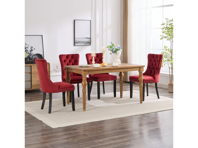  Lot de 2 chaises salle à manger velours capitonné bordeaux, pieds bois massif, clous décoratifs  - Conforama B