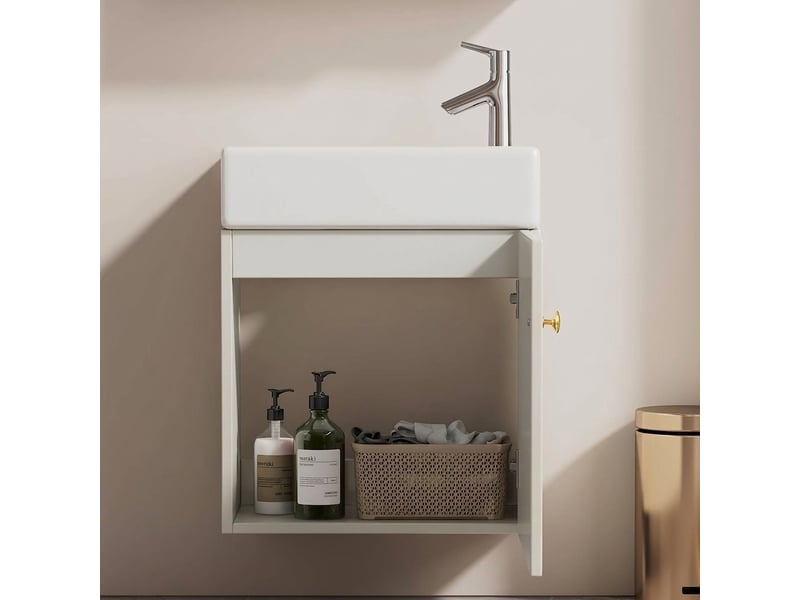  Meuble sous-vasque suspendu 46 cm avec vasque en céramique petit meuble de salle de bain blanc  - Conforama C