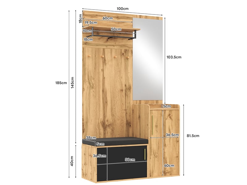  Vestiaire d'entrée avec miroir banc et meuble à chaussures chêne et noir 100x38x185 cm GL8234S - Conforama C