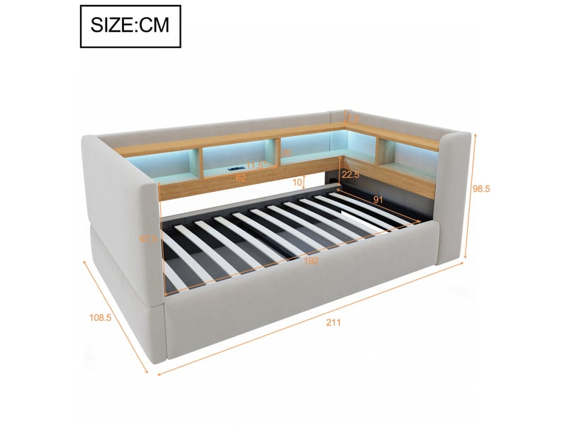  Lit coffre modenvie 90 x 190 cm avec led, prises et rangements, flanelle gris clair  - Conforama C