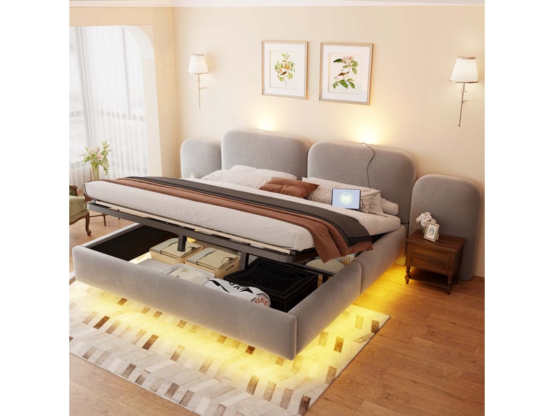  Lit coffre 2 places 180 × 200 cm avec led rgb, usb, type-c et coffre, sans matelas, en velours gris  - Conforama B