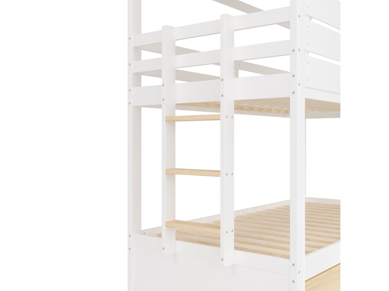  Lit superposé 90x200 cm avec toboggan et lit gigogne, maison, en bois, blanc et naturel  - Conforama E