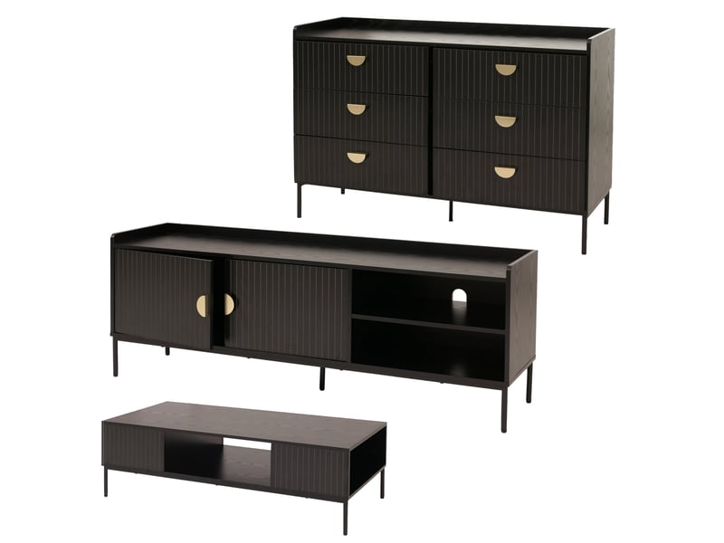  Ensemble de salon hwc-o39, meuble tv, commode, table basse, étagères et tiroirs, mélaminé mdf - aspect bois noir  - Conforama A