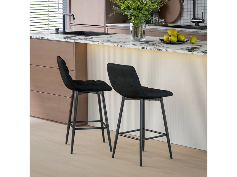  Ensemble de 2 tabourets de cuisine de style nordique en tissu effet velours et métal, 45 x 47 x 84 cm, noir  - Conforama C