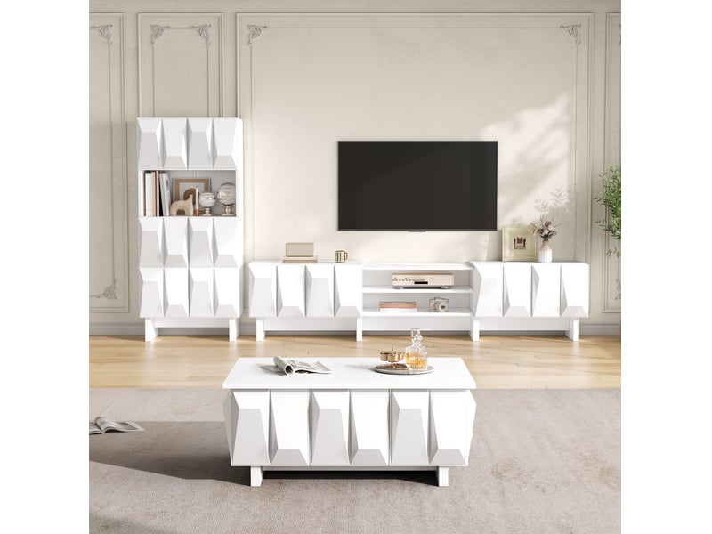 Ensemble de salon 3 pièces 180 x 34 x 44,5 cm – blanc – façades géométriques 3d et rangements pratiques - Conforama B