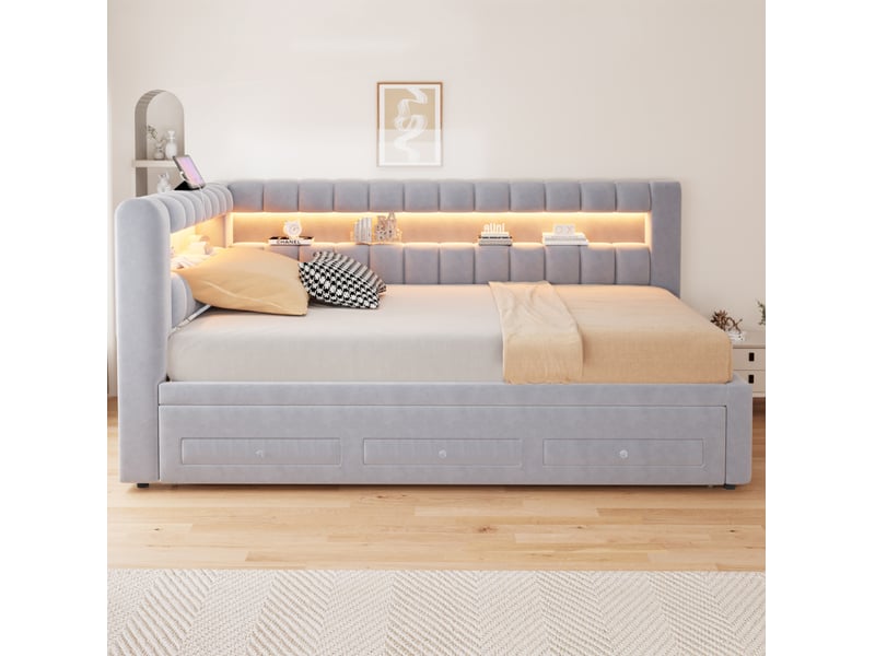 Lit gigogne 90x190 cm, lit jeune avec rangement, led et usb en mdf couleur gris clair sans matelas, moderne - Conforama B