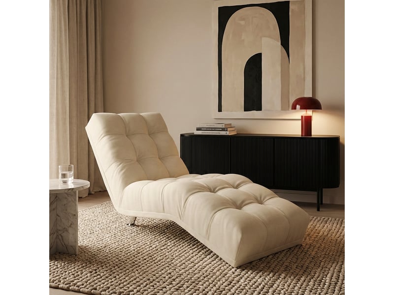 Chaise longue capitonnée design classique en chenille chamonix - blanc cassé  - Conforama B