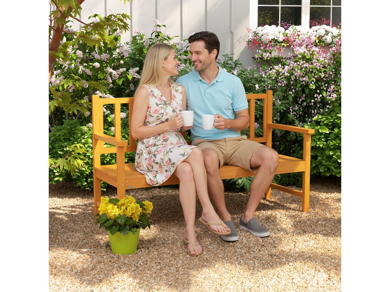 Banc de jardin avec table centrale relevable et accoudoirs, en bois, 153 x 56 x 91 cm, marron clair - Conforama D